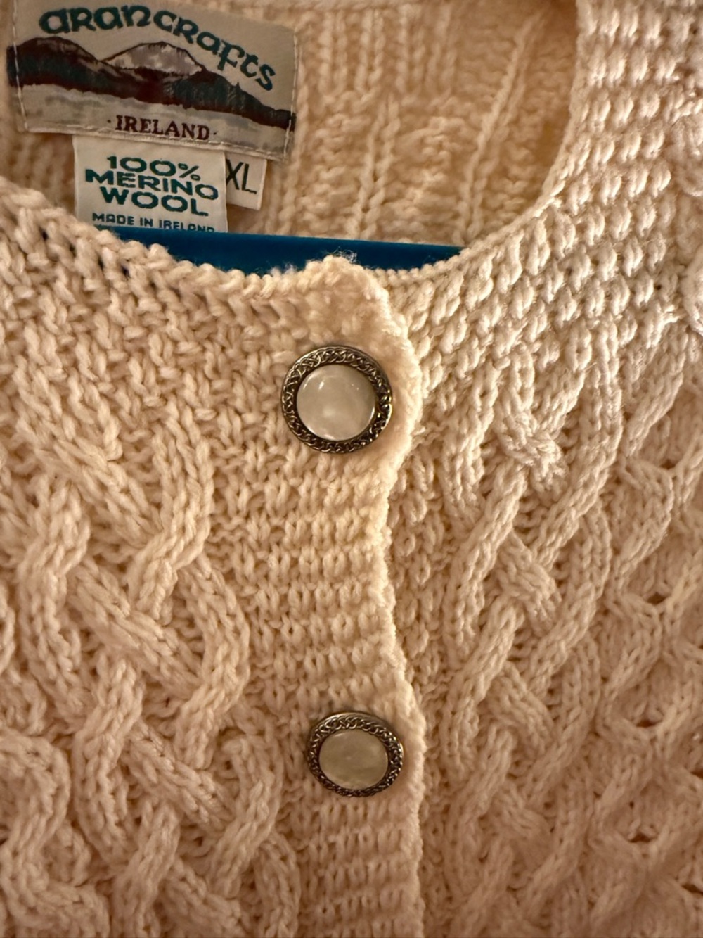 Aran Crafts Cream Merino Wool Cardigan Sweater With Pockets and Pearl Buttons - Picture 11 of 12